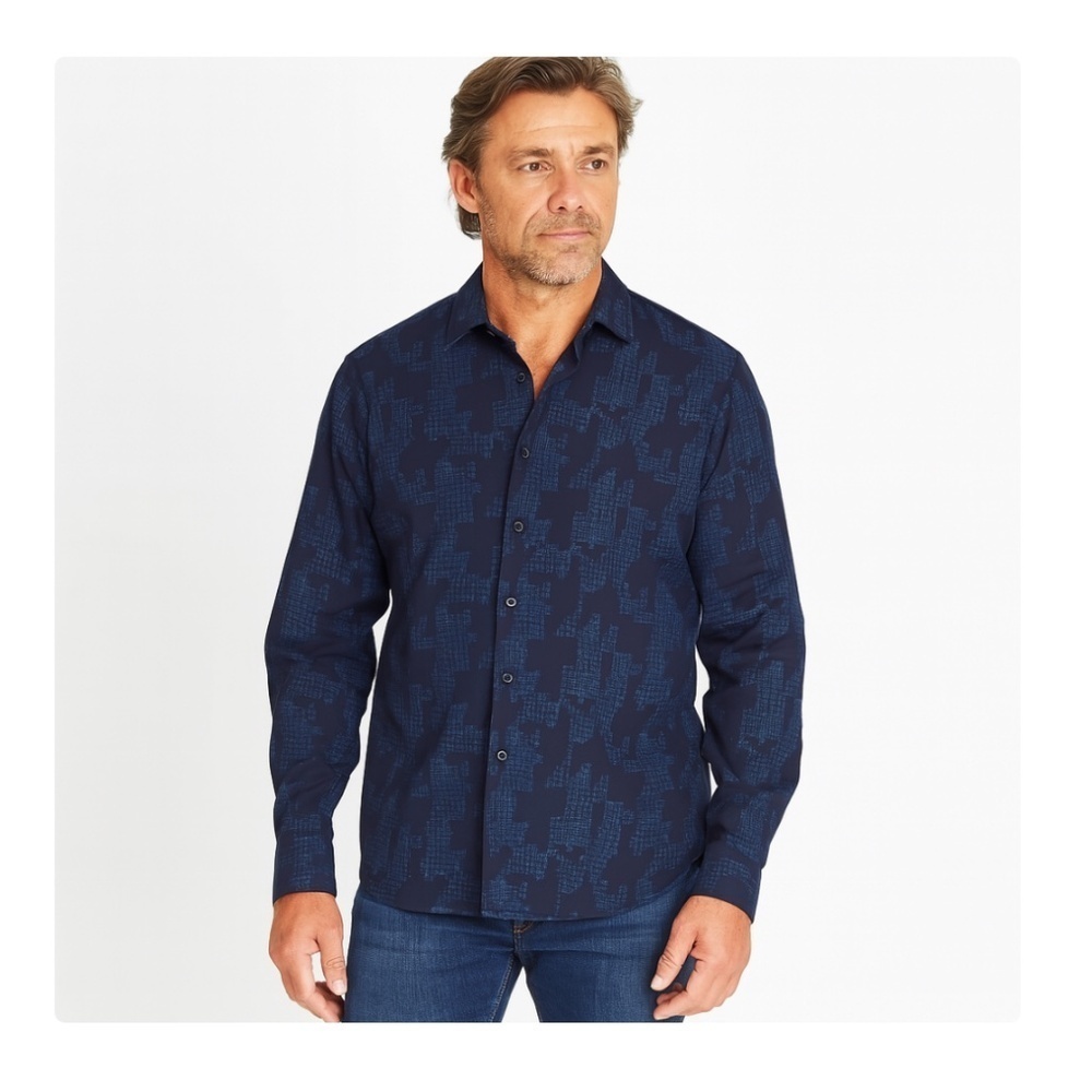 Visconti Black Men's Long Sleeve Geo Houndstooth Cotton Shirt Blue Size XL